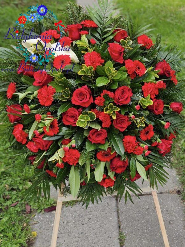 Wieniec pogrzebowy okrągły na stojaku w kolorze czerwonym
