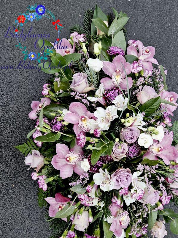 Palma pogrzebowa owalna ze storczykiem w kolorze różu ciemnego amarantu i bieli